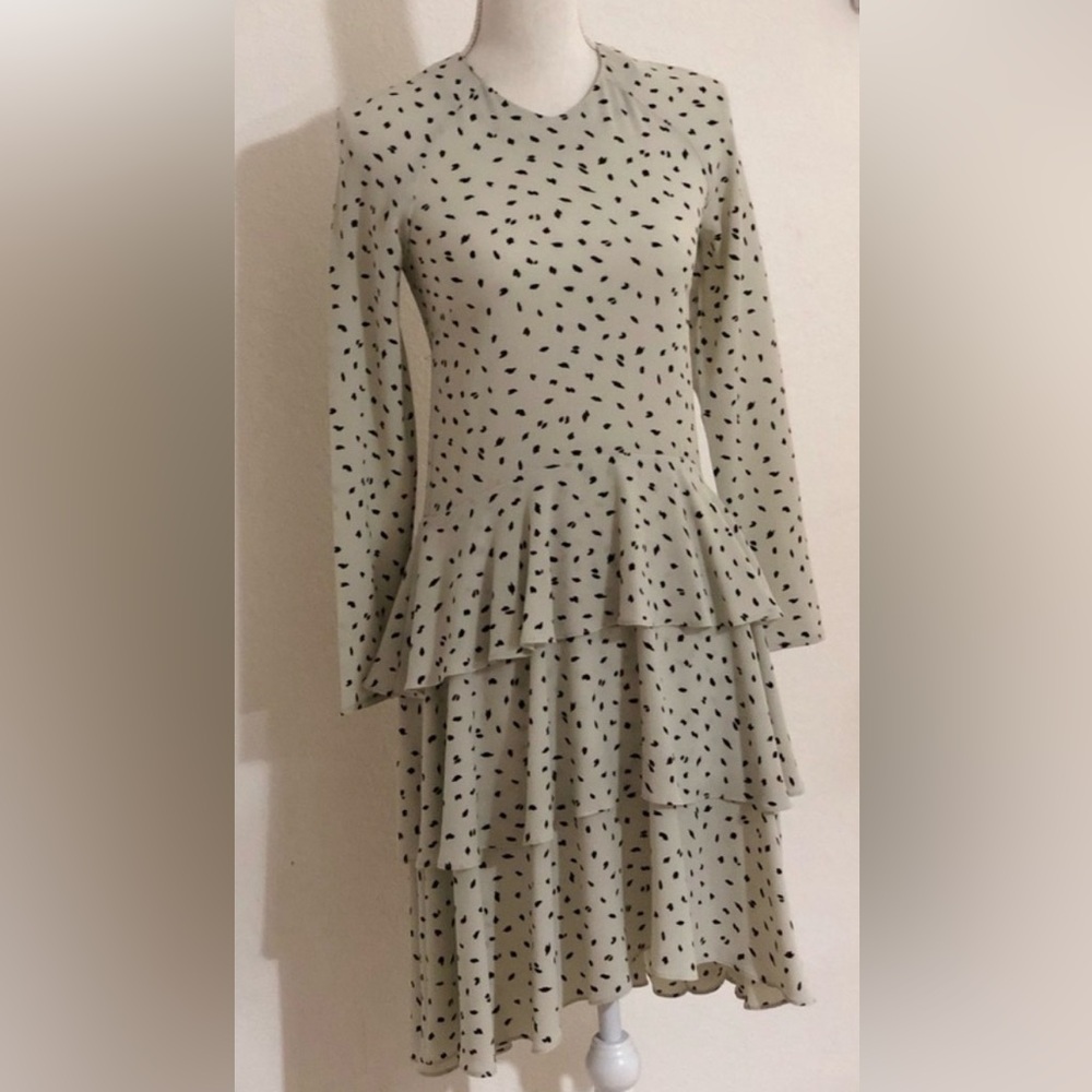 H&M Celadon Green Long Sleeve Tiered Dress with Black Spot Print